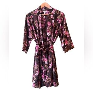 VTG Cabernet Brown Floral Animal Print Tie Lingerie Intimate Robe Sz L
